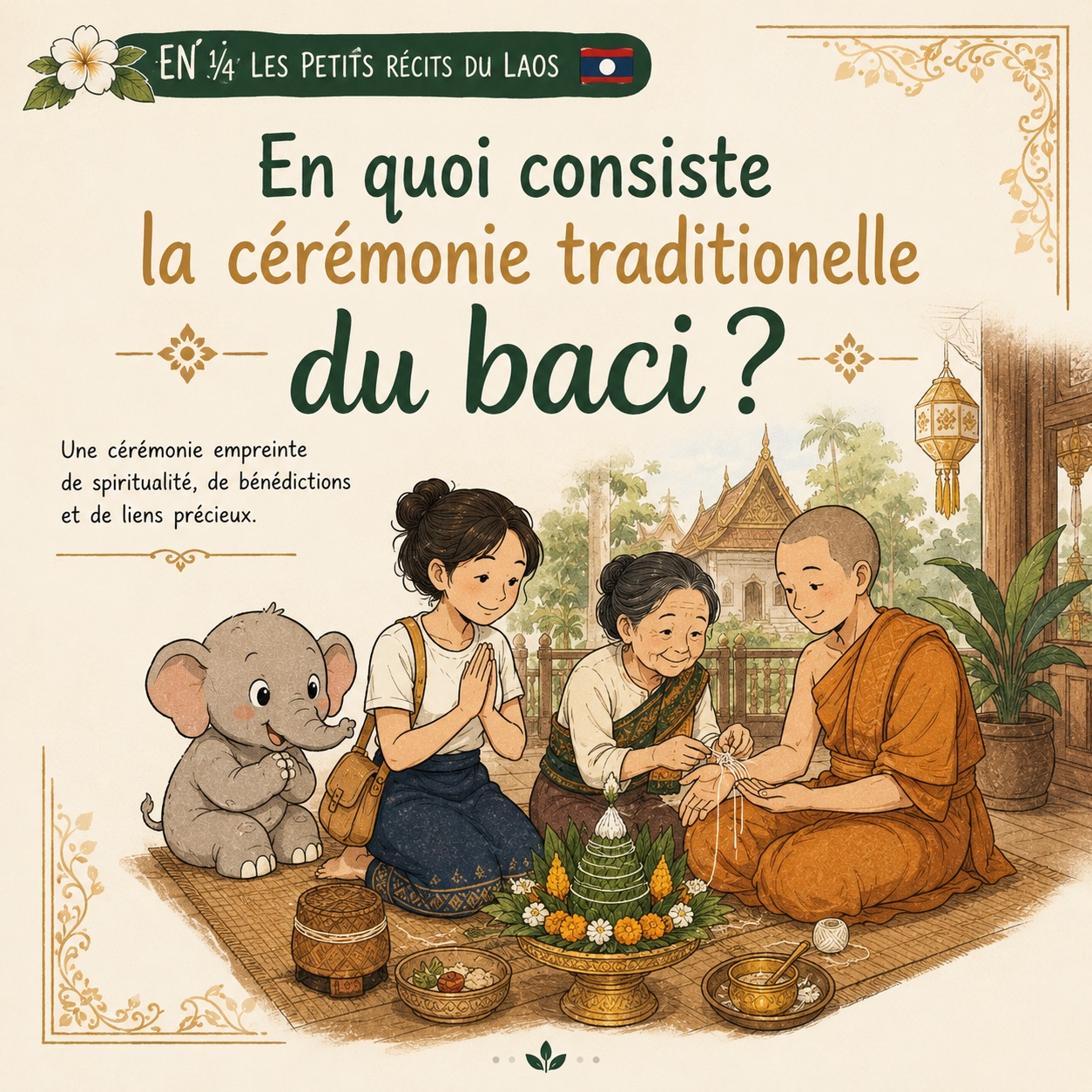 « En quoi consiste la cérémonie traditionnelle du baci ? », planche illustrée 1/4 des Petits récits du Laos